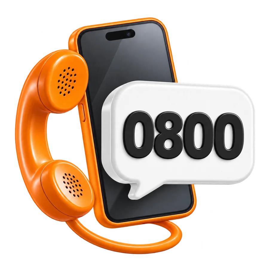 Oranje telefoonhoorn met smartphone en 0800-nummer in een tekstballon
