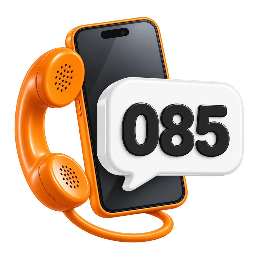 Oranje telefoonhoorn met smartphone en 085-nummer in een tekstballon