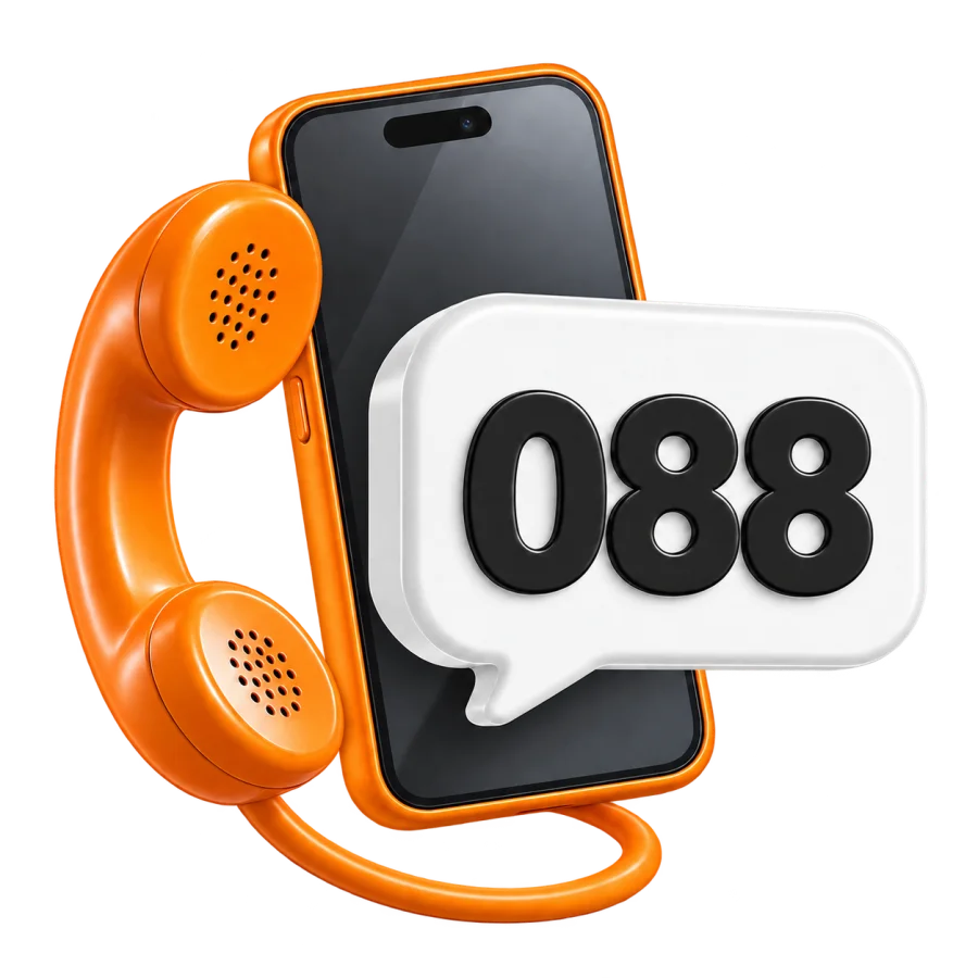 Oranje telefoonhoorn met smartphone en 088-nummer in een tekstballon