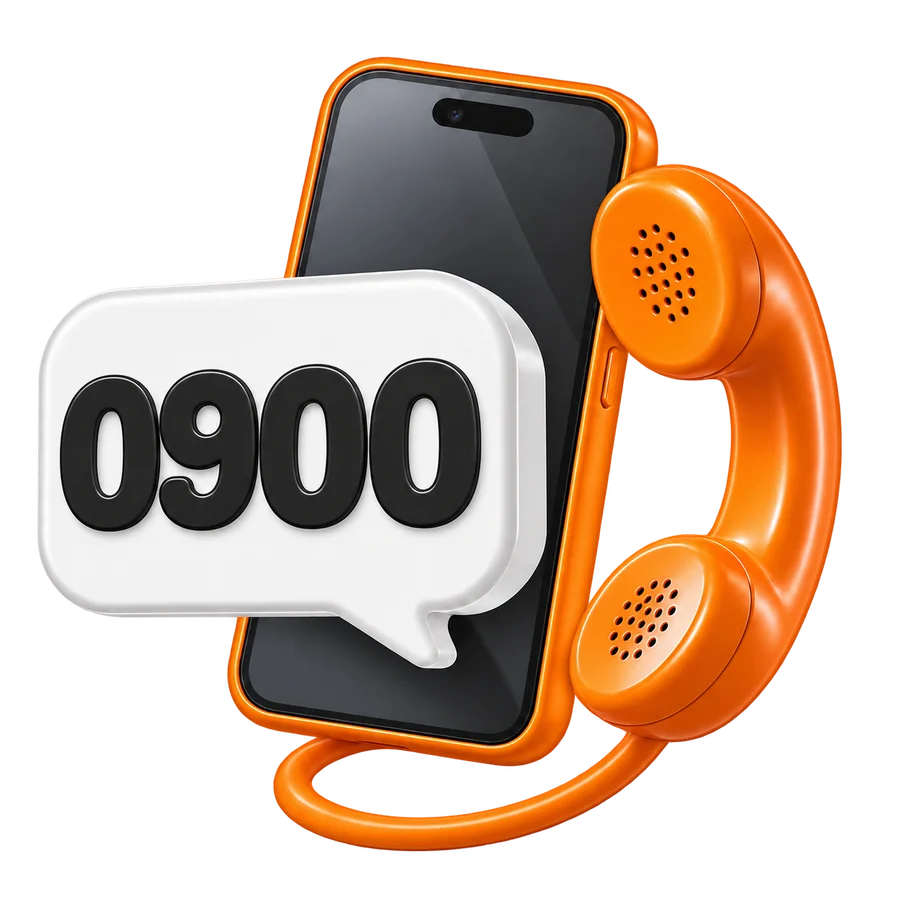 Oranje telefoonhoorn met smartphone en 0900-nummer in een tekstballon