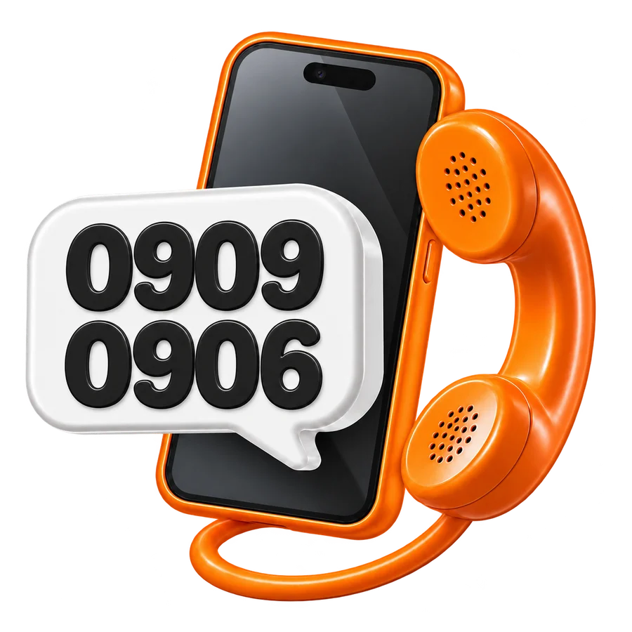 Oranje telefoonhoorn met smartphone en 0909/0906-nummer in een tekstballon