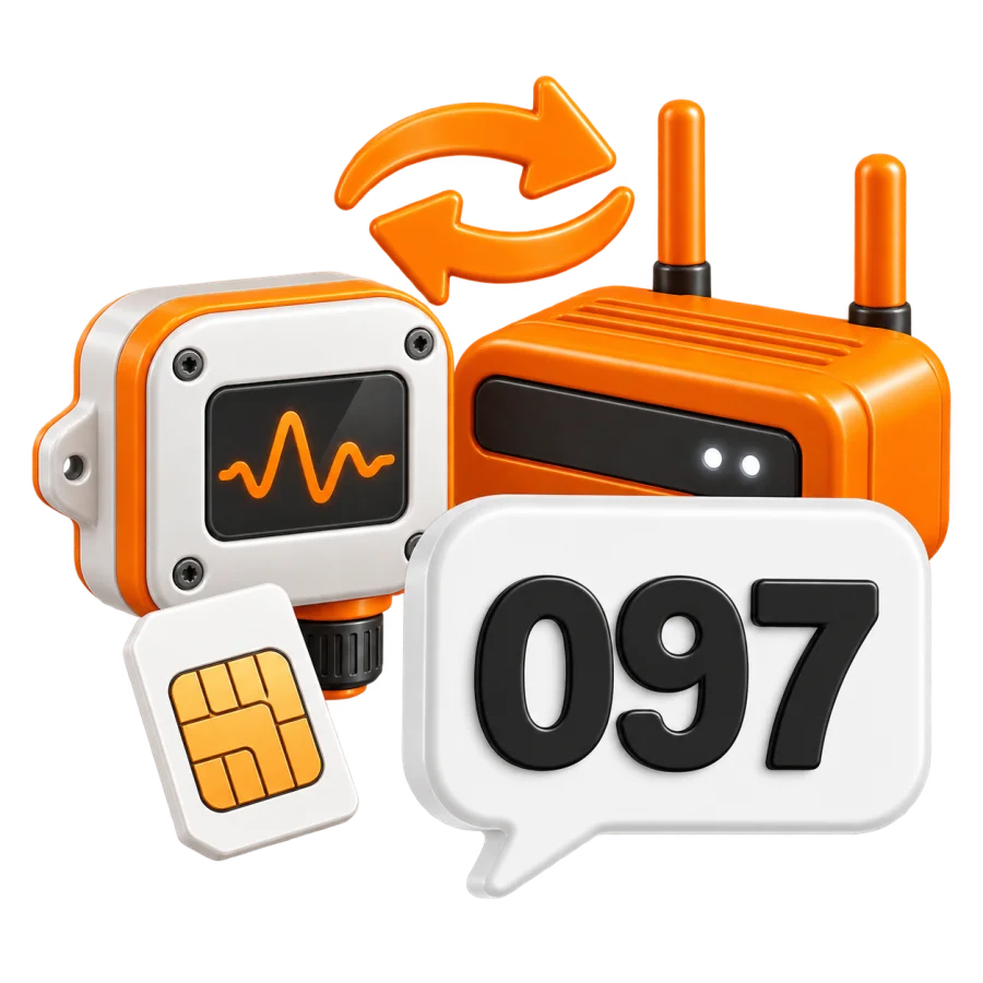 Oranje telefoonhoorn met smartphone en 097-nummer in een tekstballon