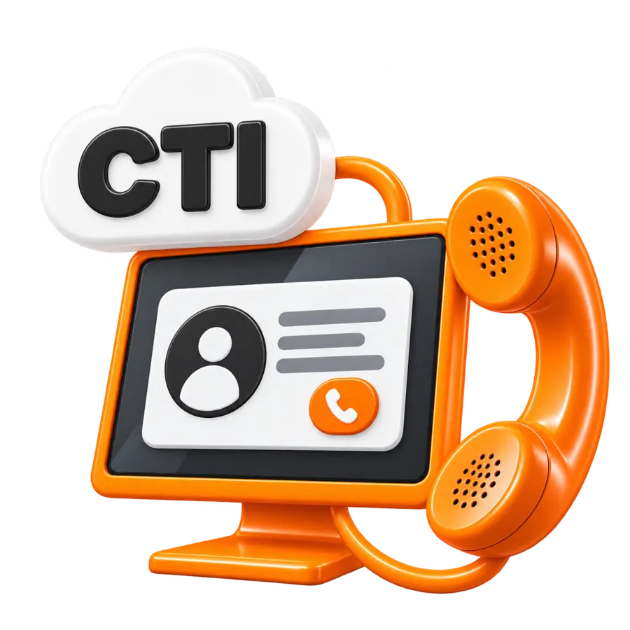 Oranje beeldscherm met contactkaart, telefoonhoorn en een wolk met "CTI"