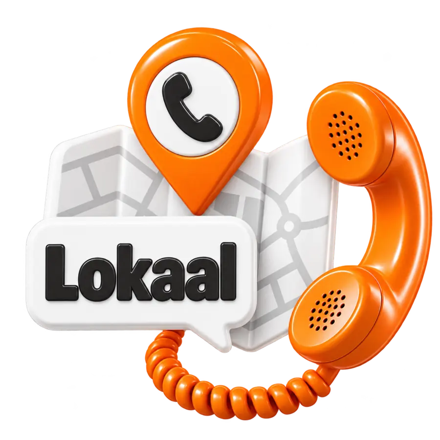 Oranje telefoonhoorn met plattegrond, locatiepin en "Lokaal" in een tekstballon