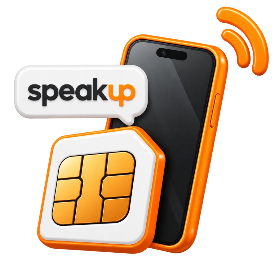 Oranje smartphone met speakup-simkaart en "speakup" in een tekstballon
