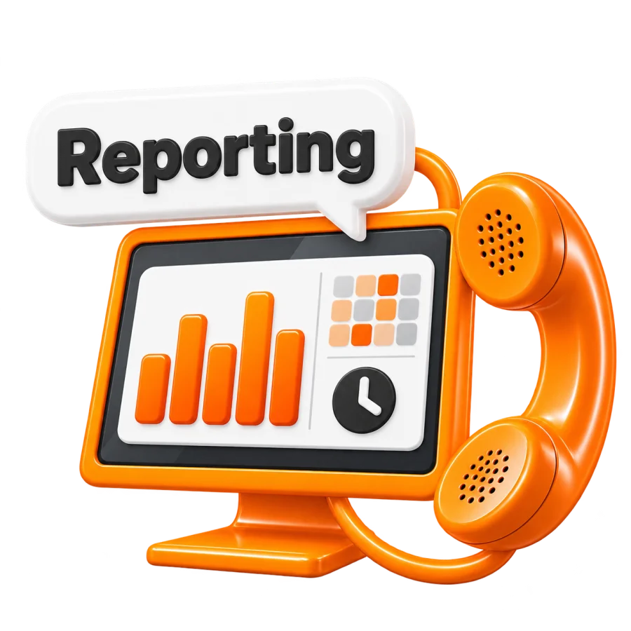 Oranje beeldscherm met grafiek, heatmap en klok, een telefoonhoorn en "Reporting" in een tekstballon