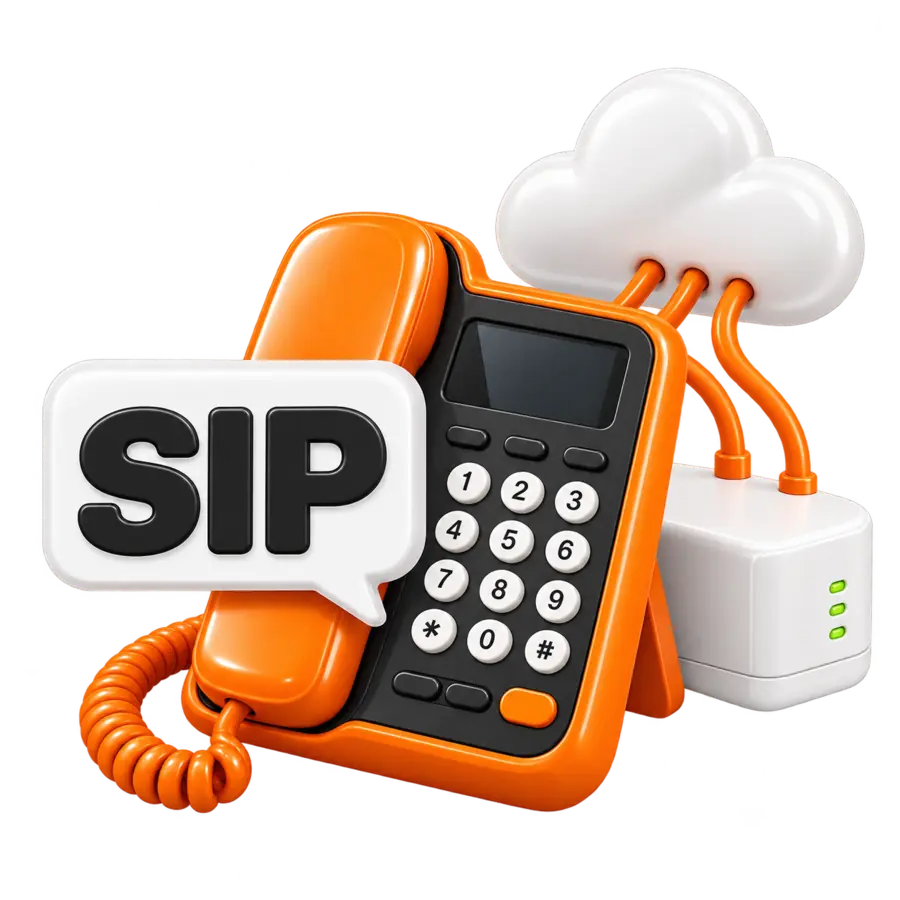 Oranje bureautelefoon verbonden met de cloud en "SIP" in een tekstballon
