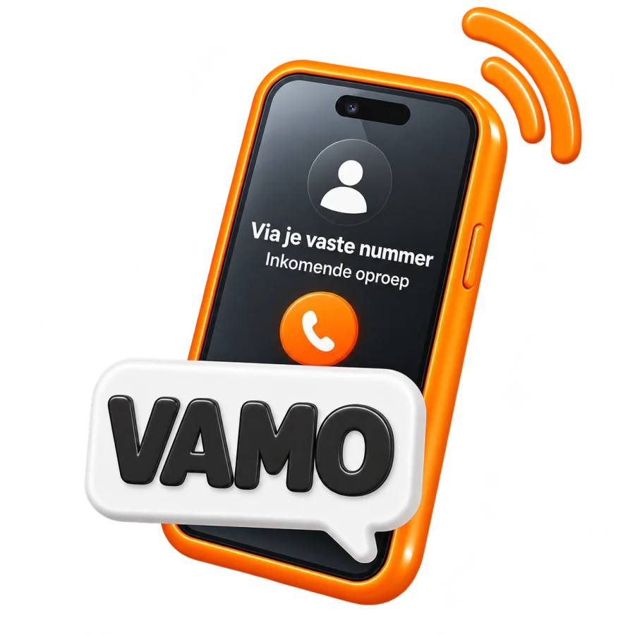 Oranje smartphone met inkomende oproep via je vaste nummer en "VAMO" in een tekstballon